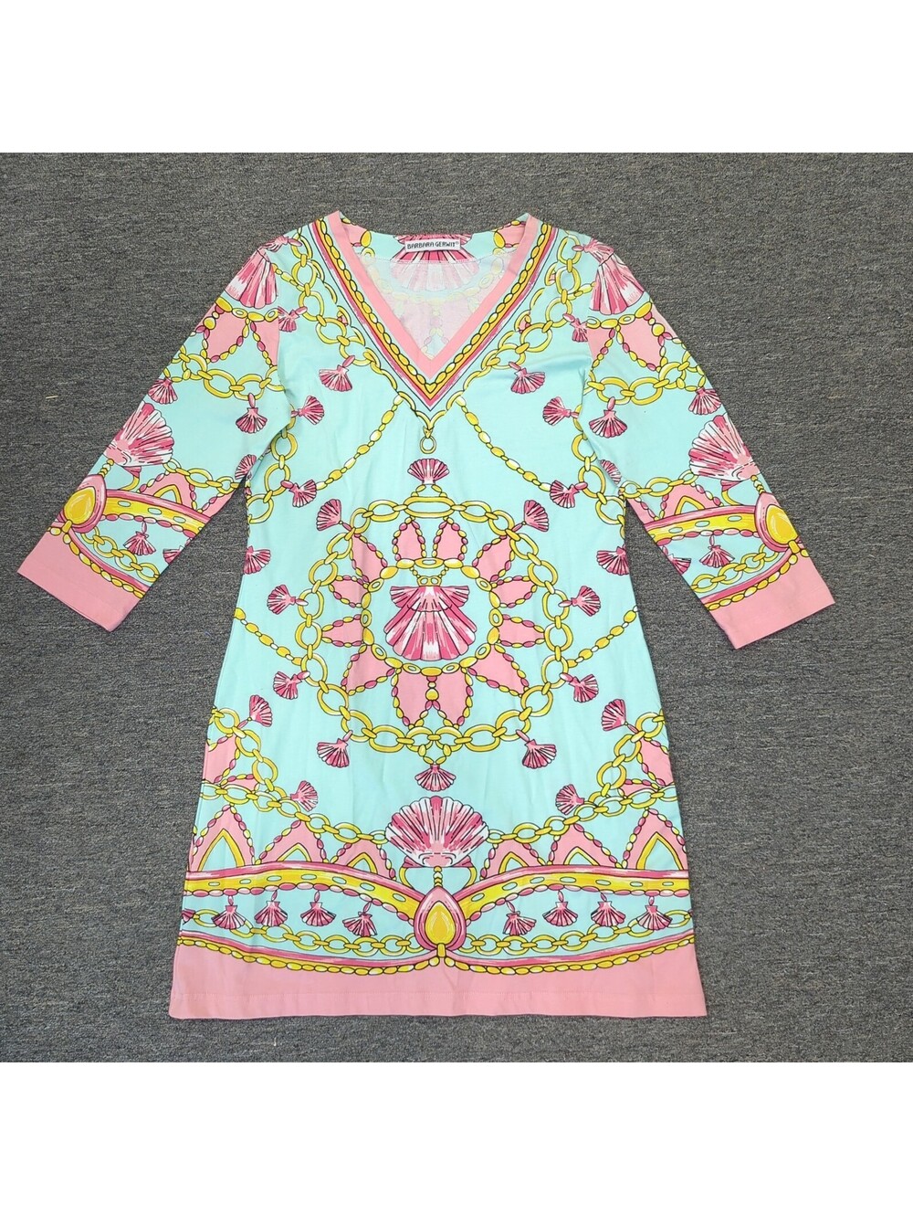 Barbra Gerwit Green Rope Chain Print VNeck 3/4 Sleeve Cotton Sheath Dress S